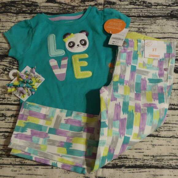 Gymboree Painting Pals 3T Adjustable Waist Jeans Panda Shirt Hair Clips Outfit
